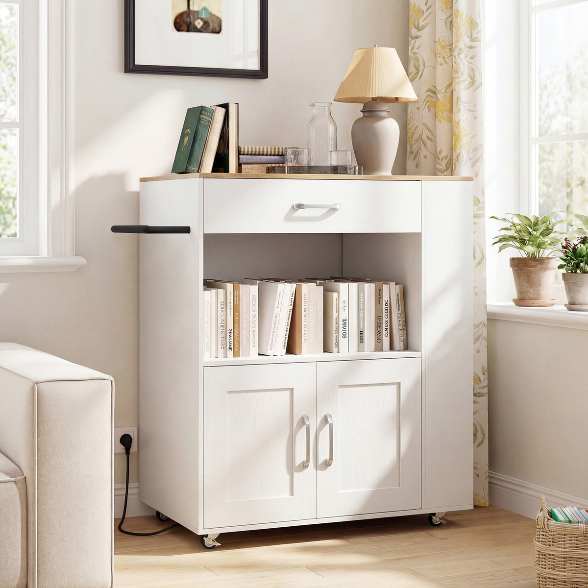 Rolling Kitchen Island with Built-in Charging Station and Lockable Wheels-Natural & White