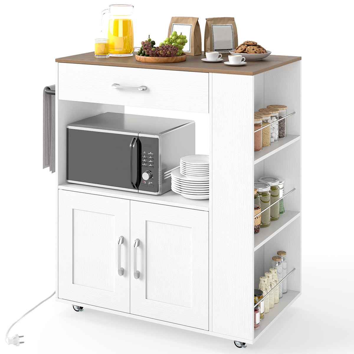 Rolling Kitchen Island with Built-in Charging Station and Lockable Wheels-Natural & White