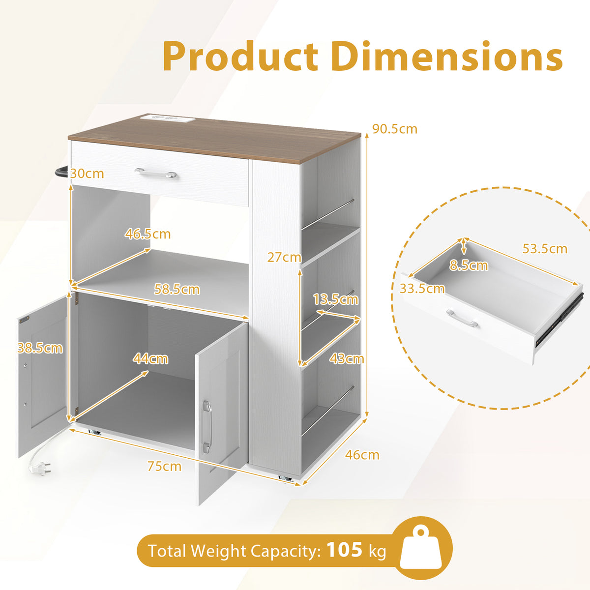 Rolling Kitchen Island with Built-in Charging Station and Lockable Wheels-Natural & White