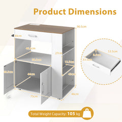 Rolling Kitchen Island with Built-in Charging Station and Lockable Wheels-Natural & White