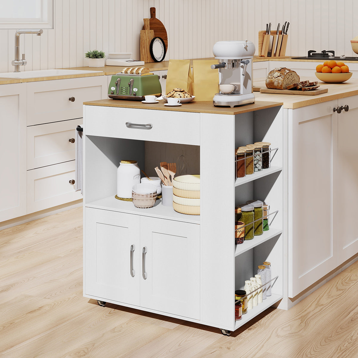 Rolling Kitchen Island with Built-in Charging Station and Lockable Wheels-Natural & White