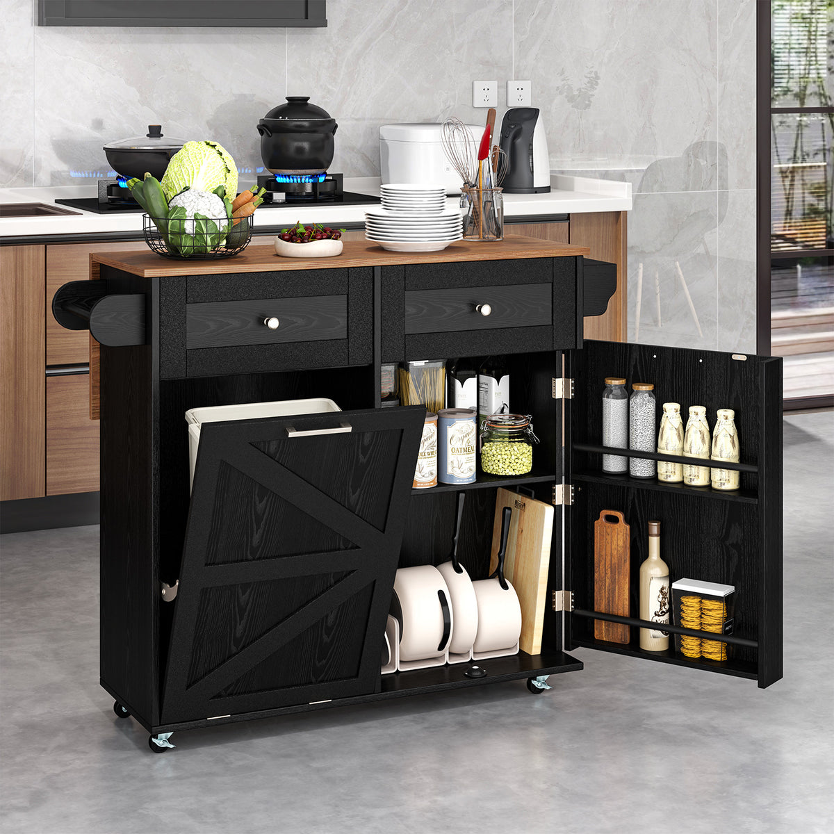 Rolling Kitchen Island with Drop Leaf Kitchen Cart with Tilt Out Trash Can Cabinet-Black