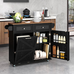 Rolling Kitchen Island with Drop Leaf Kitchen Cart with Tilt Out Trash Can Cabinet-Black