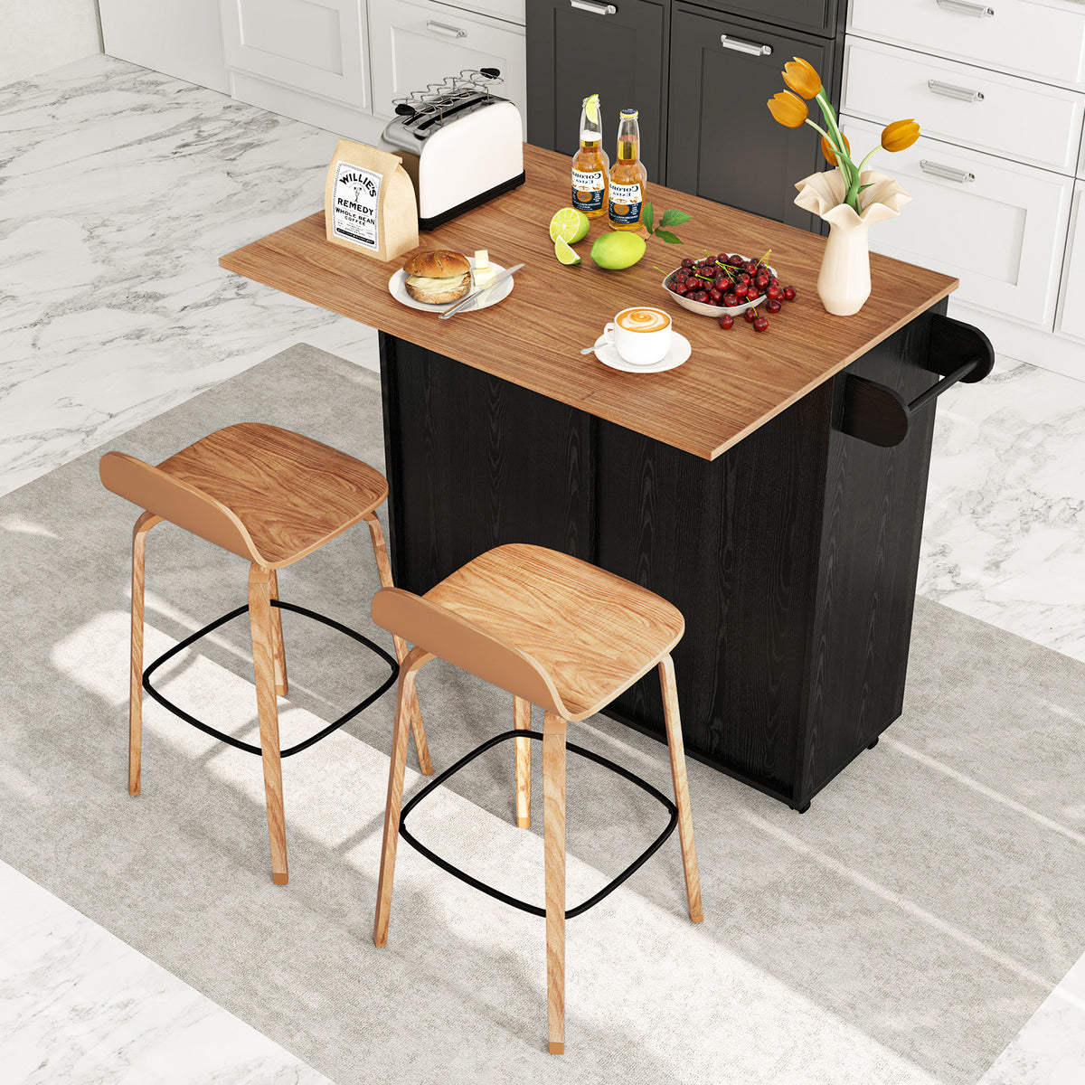 Rolling Kitchen Island with Drop Leaf Kitchen Cart with Tilt Out Trash Can Cabinet-Black