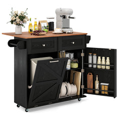 Rolling Kitchen Island with Drop Leaf Kitchen Cart with Tilt Out Trash Can Cabinet-Black