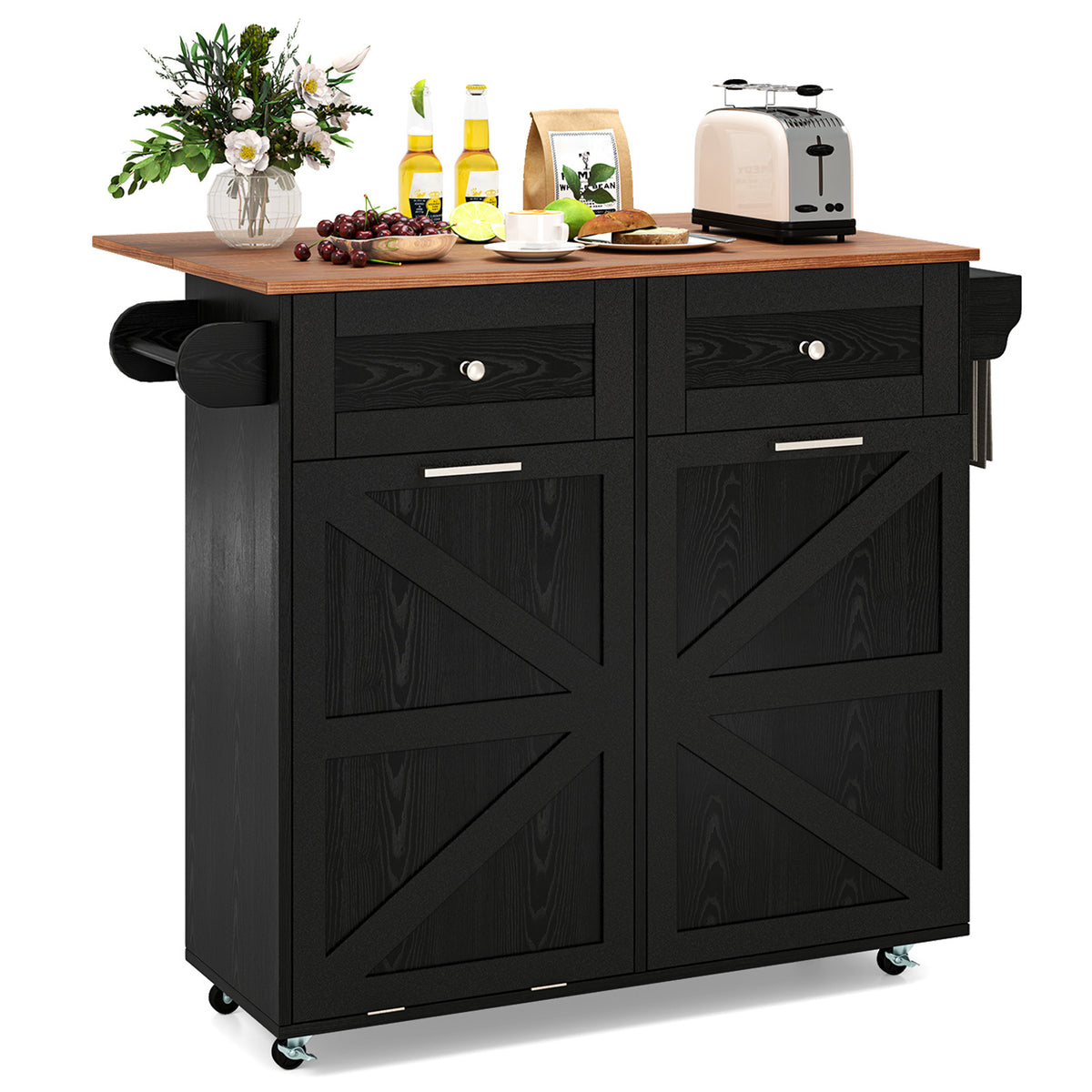 Rolling Kitchen Island with Drop Leaf Kitchen Cart with Tilt Out Trash Can Cabinet-Black