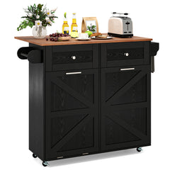 Rolling Kitchen Island with Drop Leaf Kitchen Cart with Tilt Out Trash Can Cabinet-Black