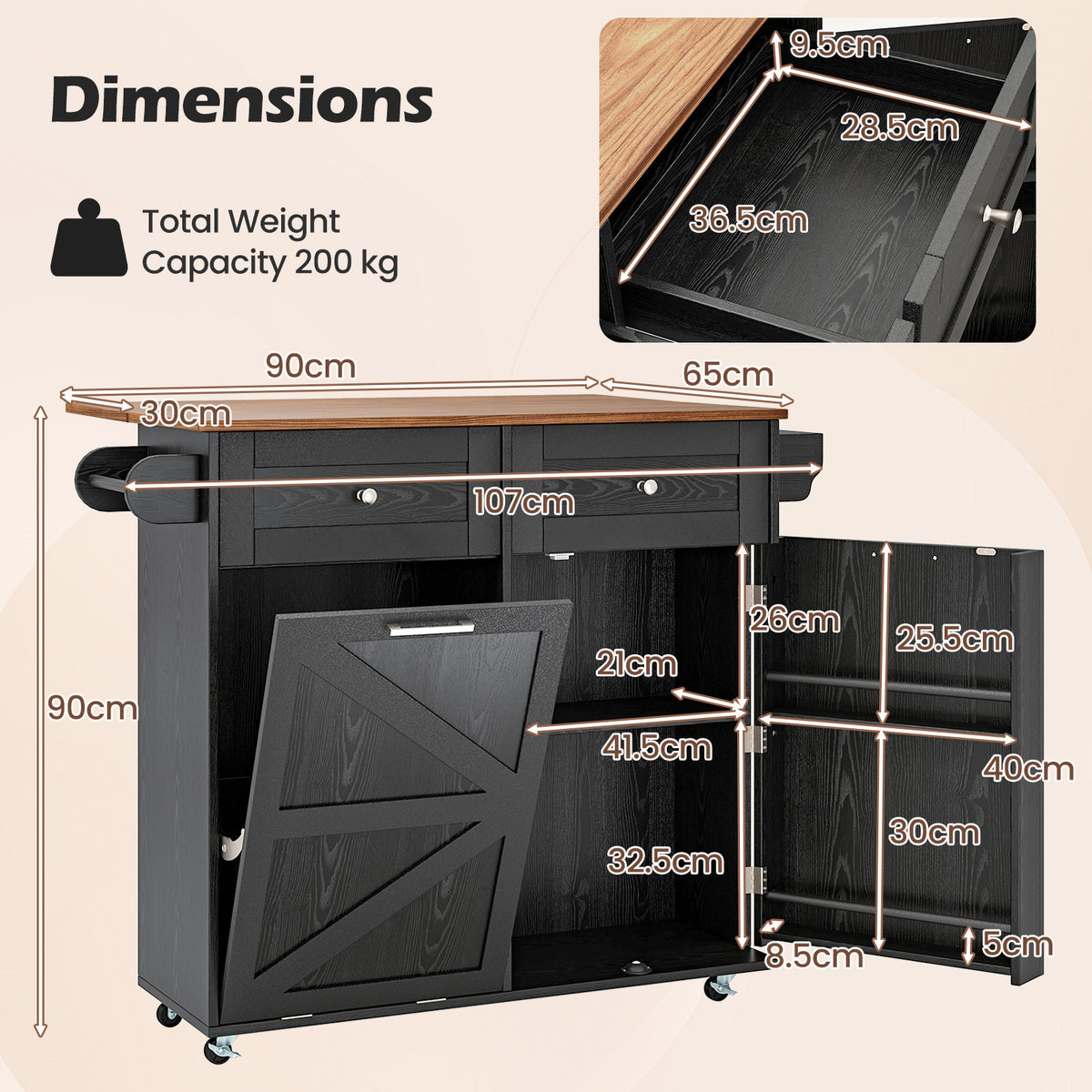 Rolling Kitchen Island with Drop Leaf Kitchen Cart with Tilt Out Trash Can Cabinet-Black