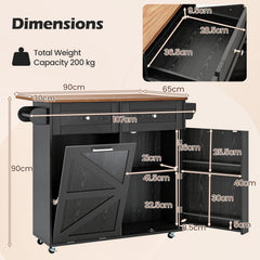 Rolling Kitchen Island with Drop Leaf Kitchen Cart with Tilt Out Trash Can Cabinet-Black