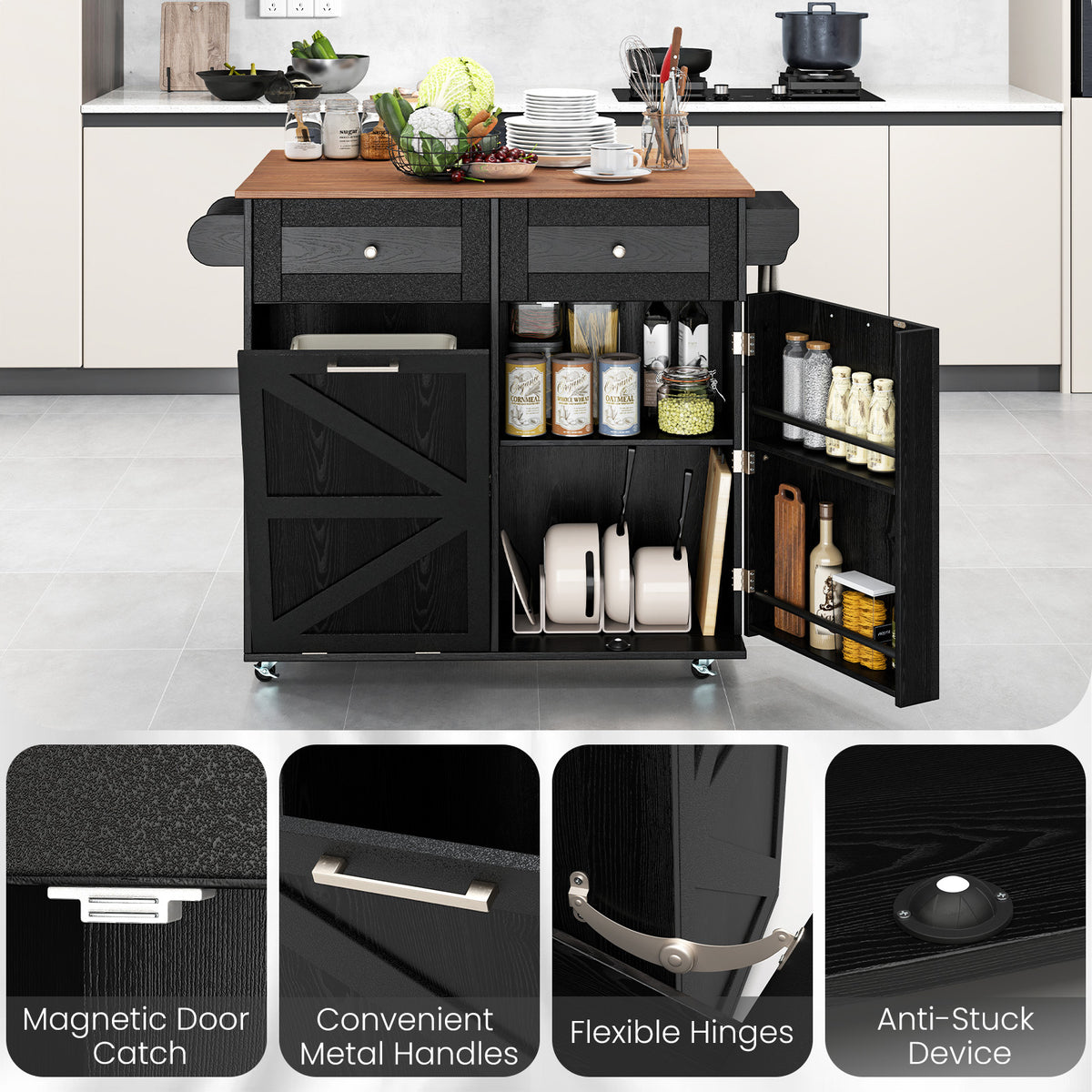 Rolling Kitchen Island with Drop Leaf Kitchen Cart with Tilt Out Trash Can Cabinet-Black