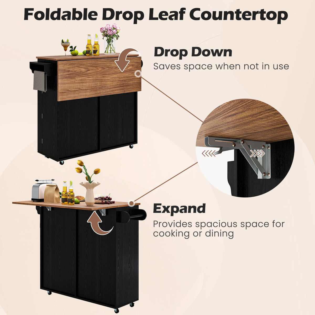 Rolling Kitchen Island with Drop Leaf Kitchen Cart with Tilt Out Trash Can Cabinet-Black