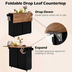 Rolling Kitchen Island with Drop Leaf Kitchen Cart with Tilt Out Trash Can Cabinet-Black