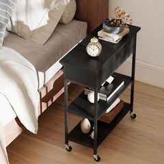 Rolling Lift Top End Table with Charging Station & Hidden Compartment for Living Room-Black