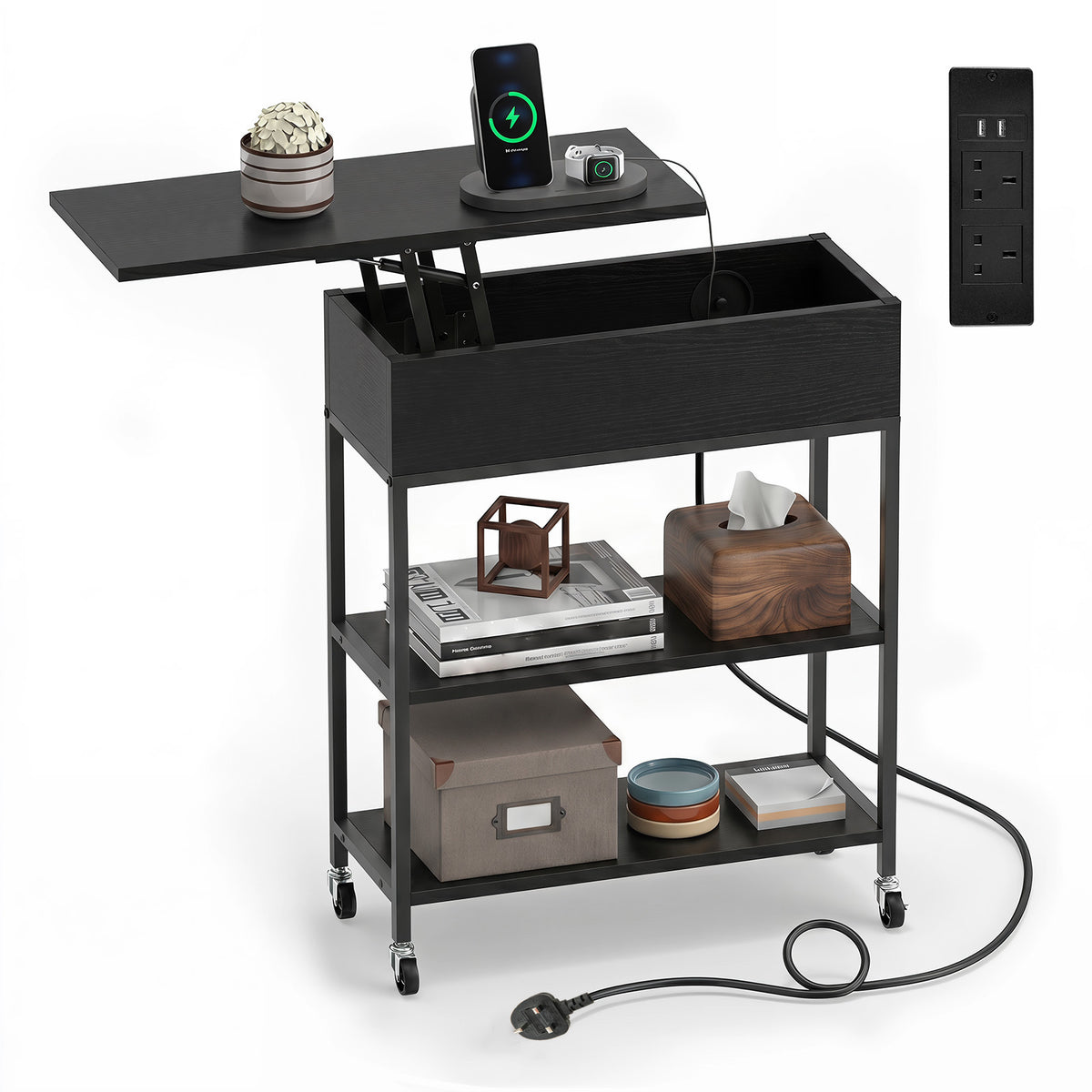Rolling Lift Top End Table with Charging Station & Hidden Compartment for Living Room-Black