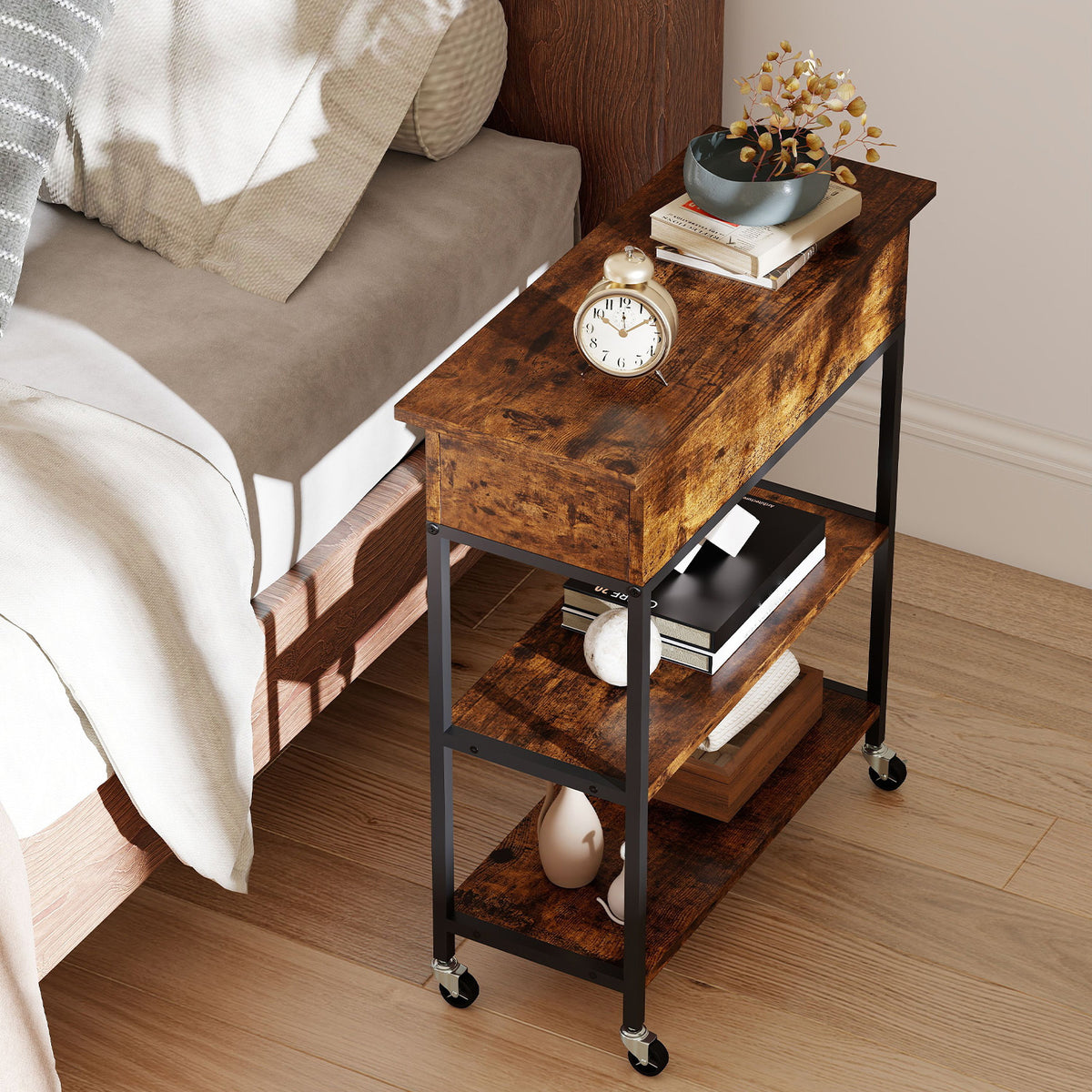 Rolling Lift Top End Table with Charging Station & Hidden Compartment for Living Room-Rustic Brown