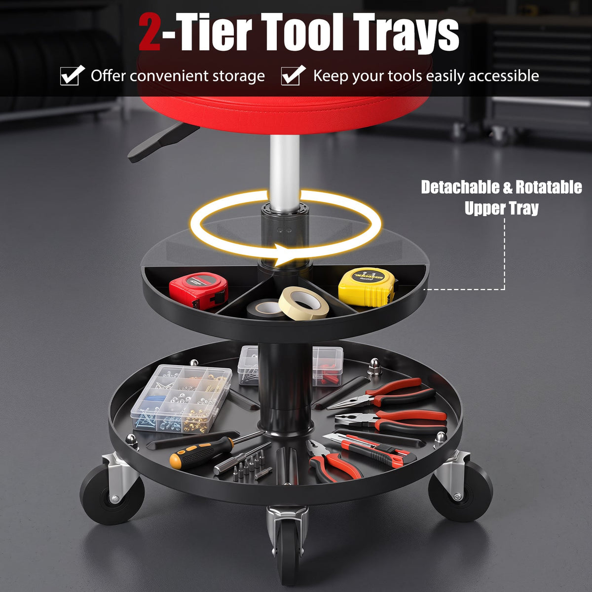 Rolling Mechanic Stool with Wheels and 42-56 cm Adjustable Seat-Red