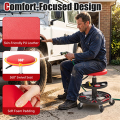Rolling Mechanic Stool with Wheels and 42-56 cm Adjustable Seat-Red
