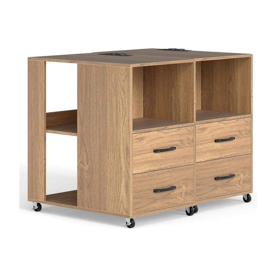 Rolling Nightstand with Storage Drawers and Shelves for Bedroom Set of 2-Natural