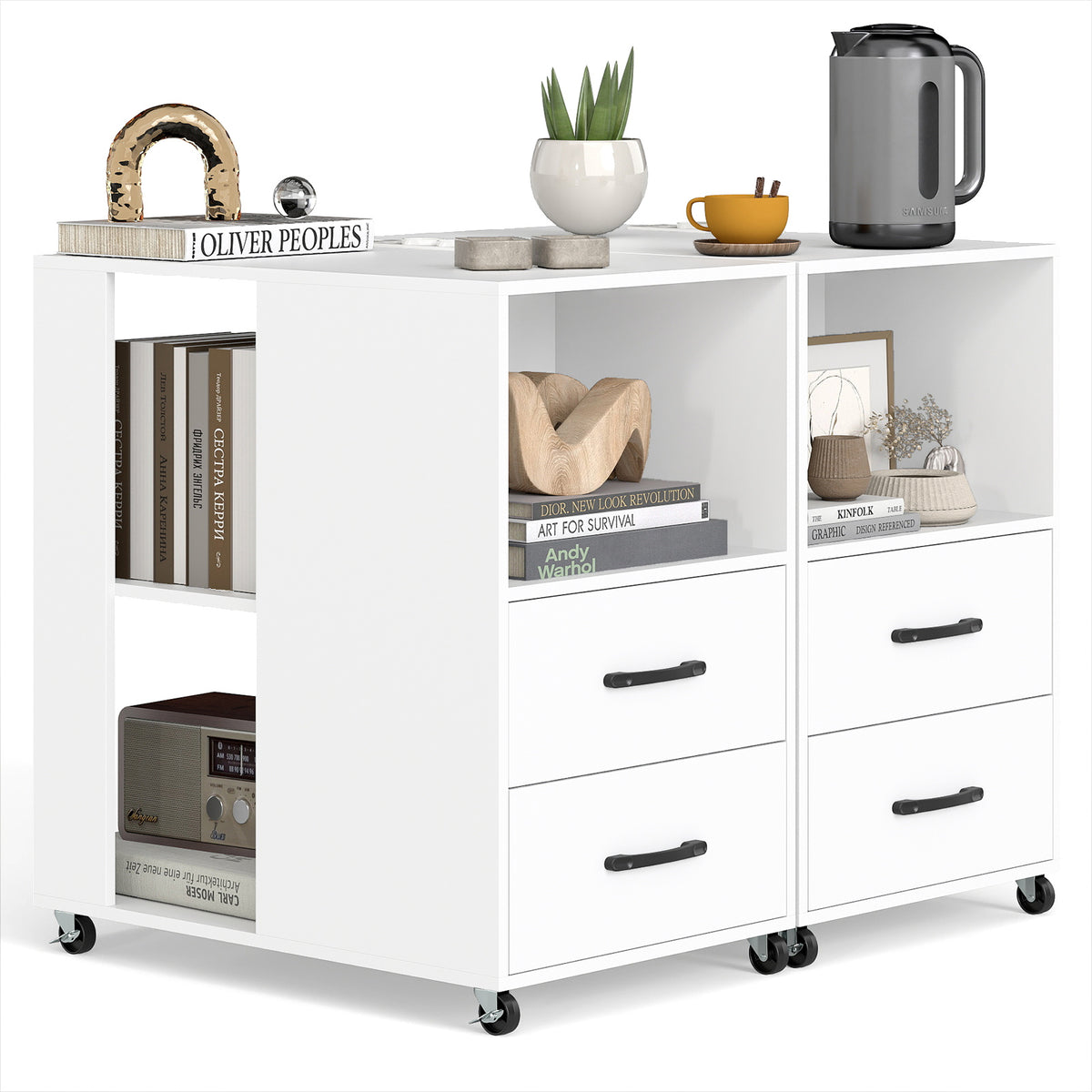 Set of two white nightstands with drawers and shelves, styled with books and decor