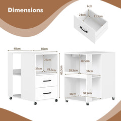 Dimensions diagram for the white rolling nightstand with drawers and shelves