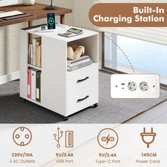 Close up of the charging station on the white nightstand with USB and power outlets
