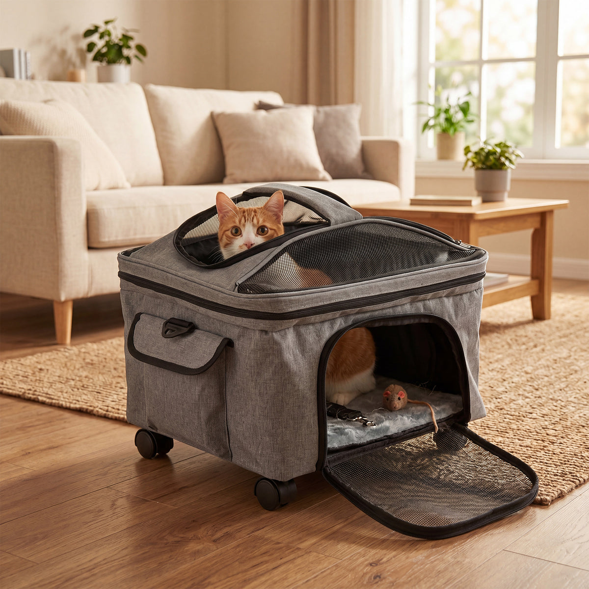 Rolling Pet Carrier with Telescopic Handle and Washable Pad Foldable