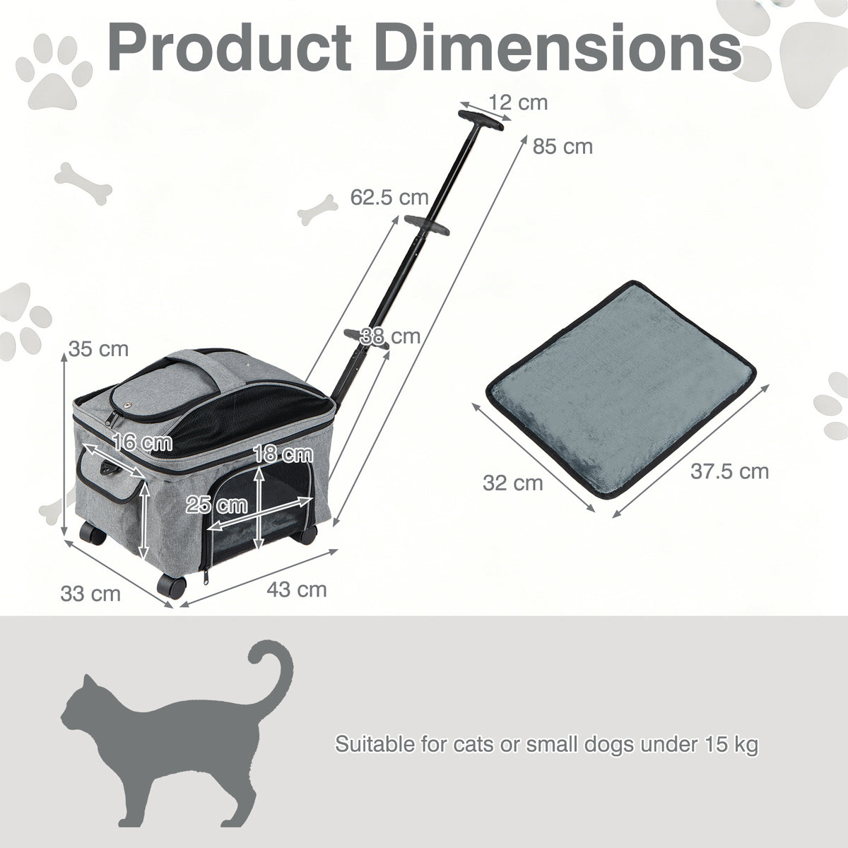 Rolling Pet Carrier with Telescopic Handle and Washable Pad Foldable