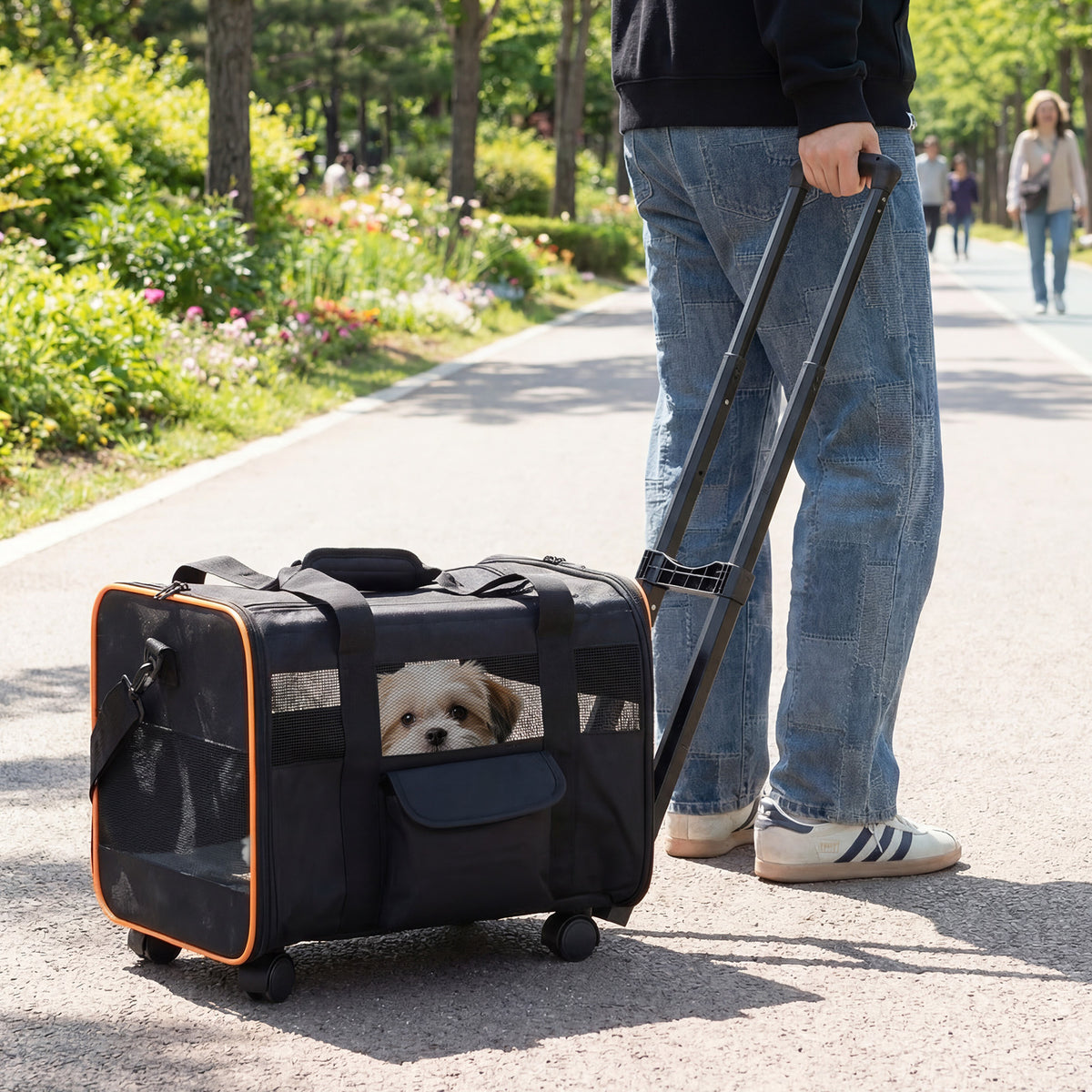 Rolling Pet Carrier with Telescopic Handle and Washable Pad for Dogs and Cats