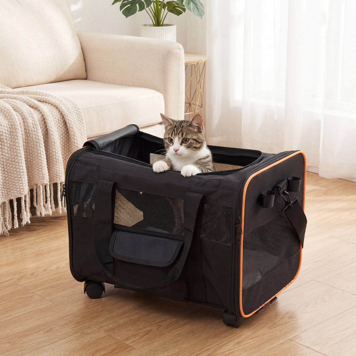 Rolling Pet Carrier with Telescopic Handle and Washable Pad for Dogs and Cats