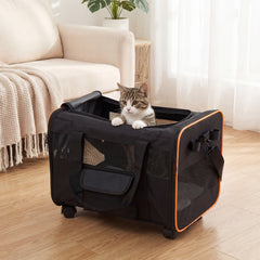 Rolling Pet Carrier with Telescopic Handle and Washable Pad for Dogs and Cats