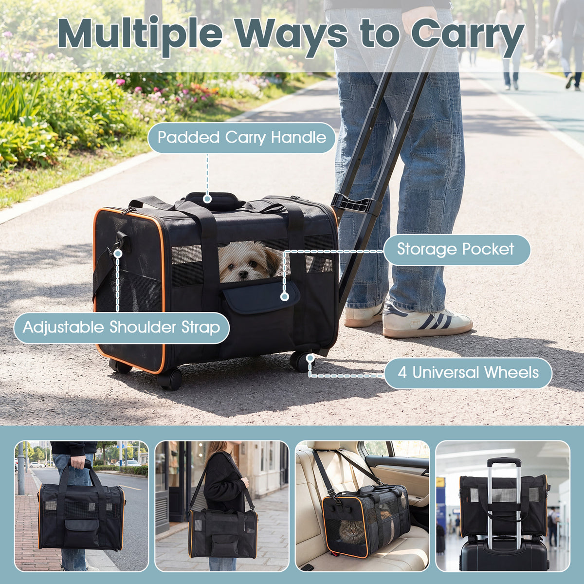 Rolling Pet Carrier with Telescopic Handle and Washable Pad for Dogs and Cats