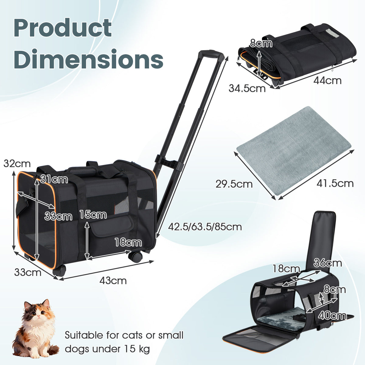Rolling Pet Carrier with Telescopic Handle and Washable Pad for Dogs and Cats