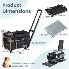 Rolling Pet Carrier with Telescopic Handle and Washable Pad for Dogs and Cats