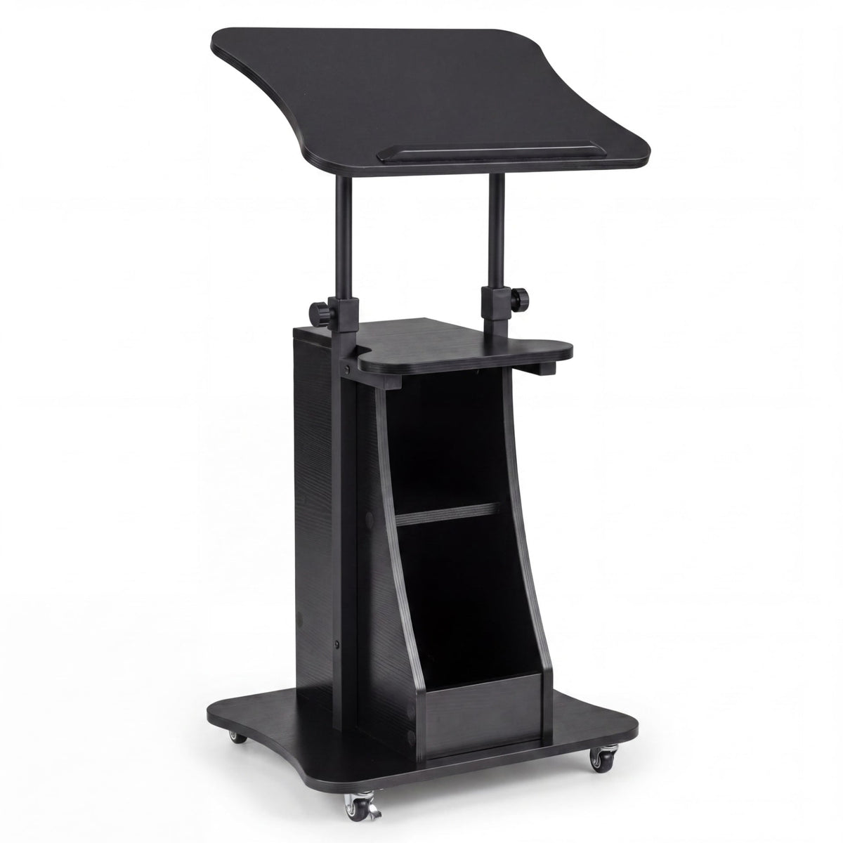 Rolling Podium Stand with Tilting Tabletop and Storage Shelves for Office-Black