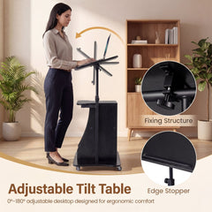 Rolling Podium Stand with Tilting Tabletop and Storage Shelves for Office-Black