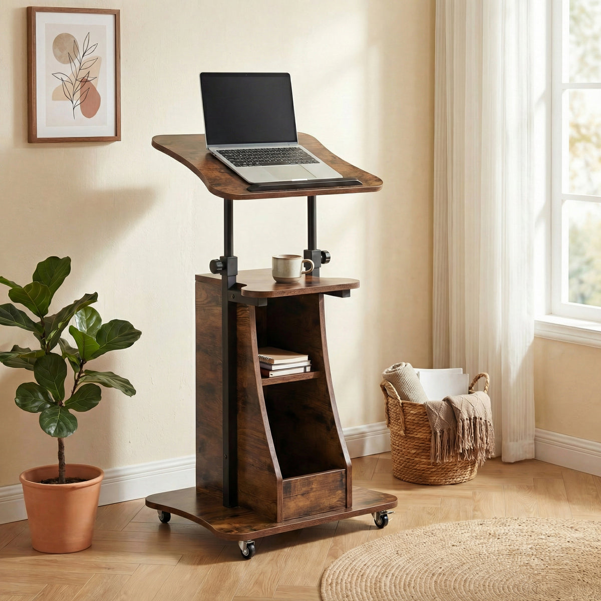 Rolling Podium Stand with Tilting Tabletop and Storage Shelves for Office-Rustic Brown