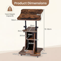 Rolling Podium Stand with Tilting Tabletop and Storage Shelves for Office-Rustic Brown
