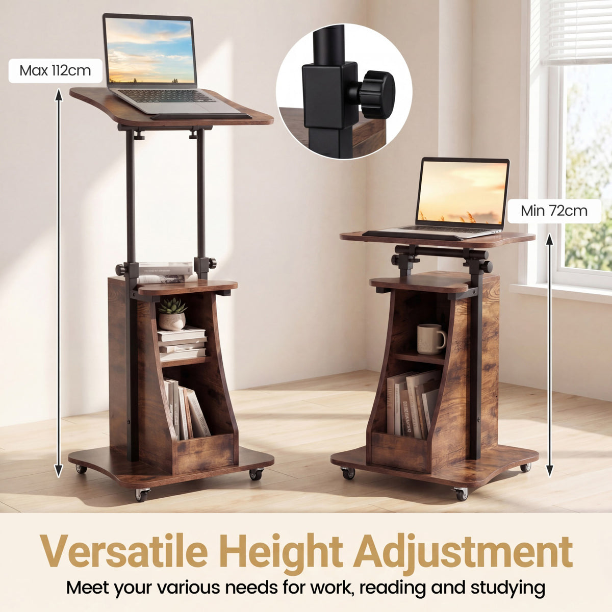 Rolling Podium Stand with Tilting Tabletop and Storage Shelves for Office-Rustic Brown