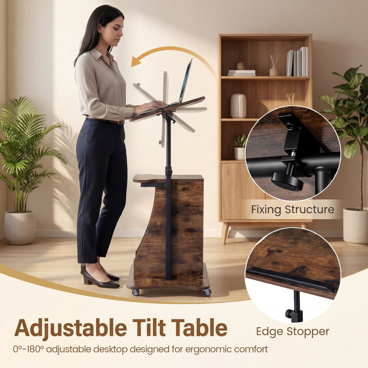Rolling Podium Stand with Tilting Tabletop and Storage Shelves for Office-Rustic Brown
