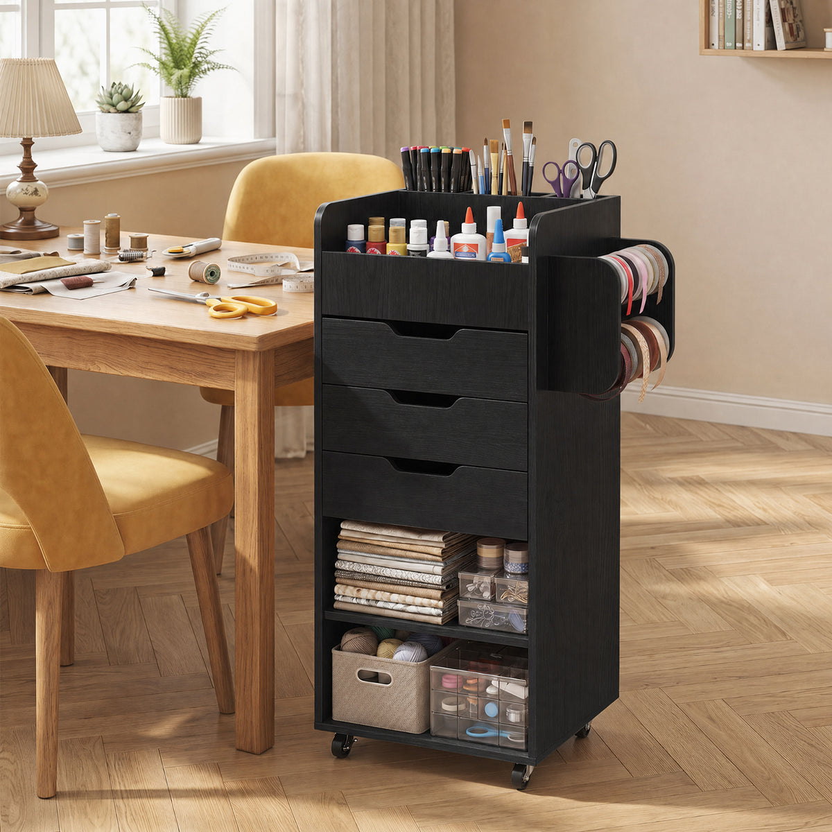 Rolling Storage Cart with 3 Drawers & 2 Shelves and Dowel Rods for Kitchen-Black