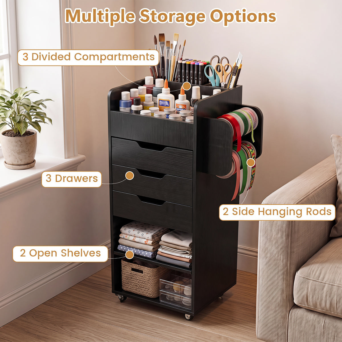 Rolling Storage Cart with 3 Drawers & 2 Shelves and Dowel Rods for Kitchen-Black