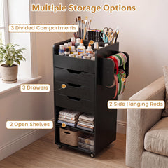 Rolling Storage Cart with 3 Drawers & 2 Shelves and Dowel Rods for Kitchen-Black