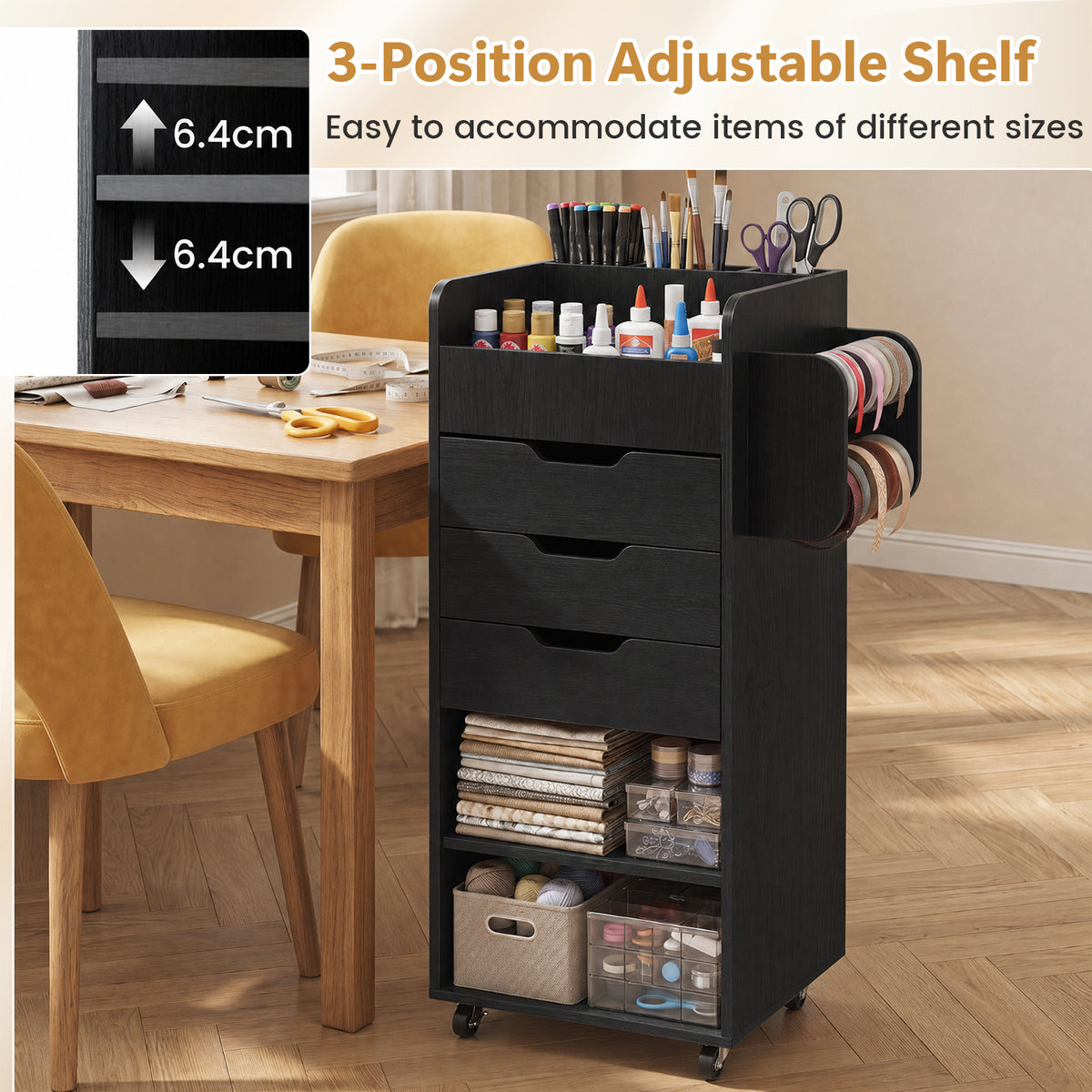 Rolling Storage Cart with 3 Drawers & 2 Shelves and Dowel Rods for Kitchen-Black