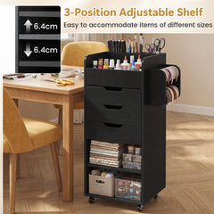 Rolling Storage Cart with 3 Drawers & 2 Shelves and Dowel Rods for Kitchen-Black