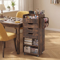 Rolling Storage Cart with 3 Drawers & 2 Shelves and Dowel Rods for Kitchen-Rustic Brown