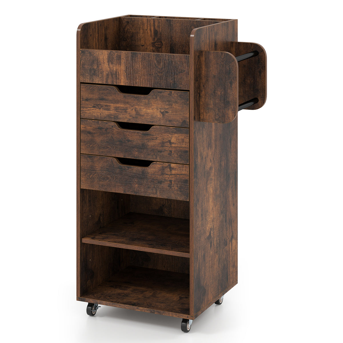 Rolling Storage Cart with 3 Drawers & 2 Shelves and Dowel Rods for Kitchen-Rustic Brown
