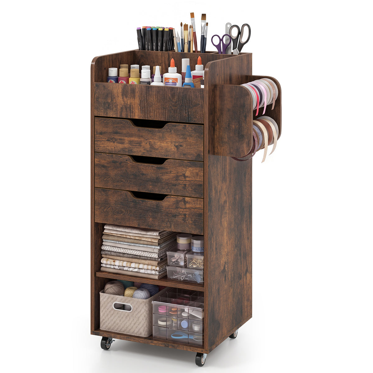 Rolling Storage Cart with 3 Drawers & 2 Shelves and Dowel Rods for Kitchen-Rustic Brown
