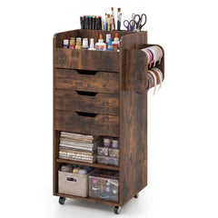 Rolling Storage Cart with 3 Drawers & 2 Shelves and Dowel Rods for Kitchen-Rustic Brown