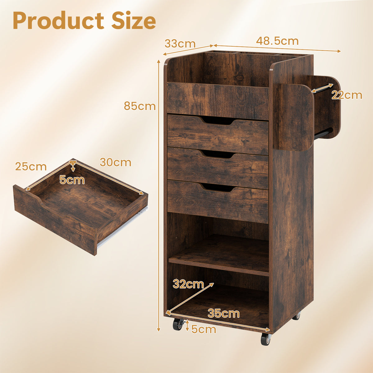 Rolling Storage Cart with 3 Drawers & 2 Shelves and Dowel Rods for Kitchen-Rustic Brown