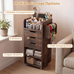 Rolling Storage Cart with 3 Drawers & 2 Shelves and Dowel Rods for Kitchen-Rustic Brown